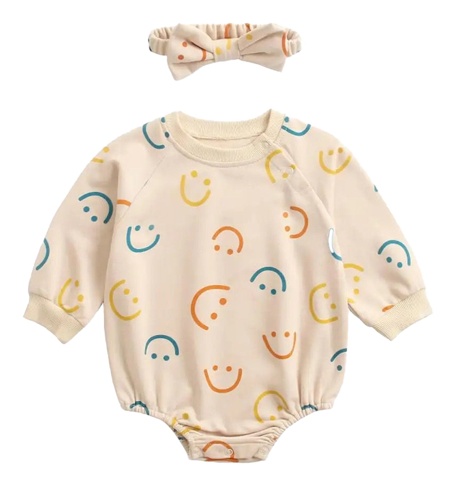Cute baby girl autumn bodysuit with smiley face print and matching headband for stylish outfits