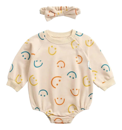 Cute baby girl autumn bodysuit with smiley face print and matching headband for stylish outfits