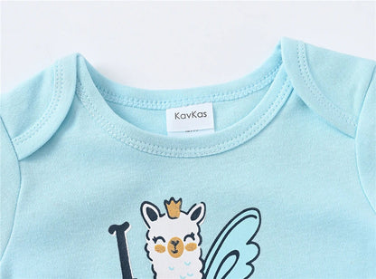 LuckeLadybug LLC baby girl cotton romper set in soft blue with cute llama design