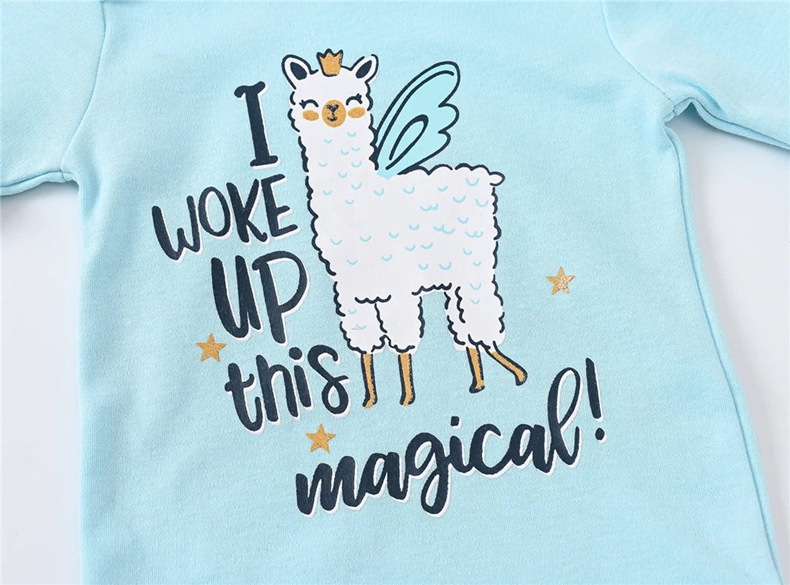 LuckeLadybug LLC baby girl cotton romper set in light blue with a magical llama graphic design