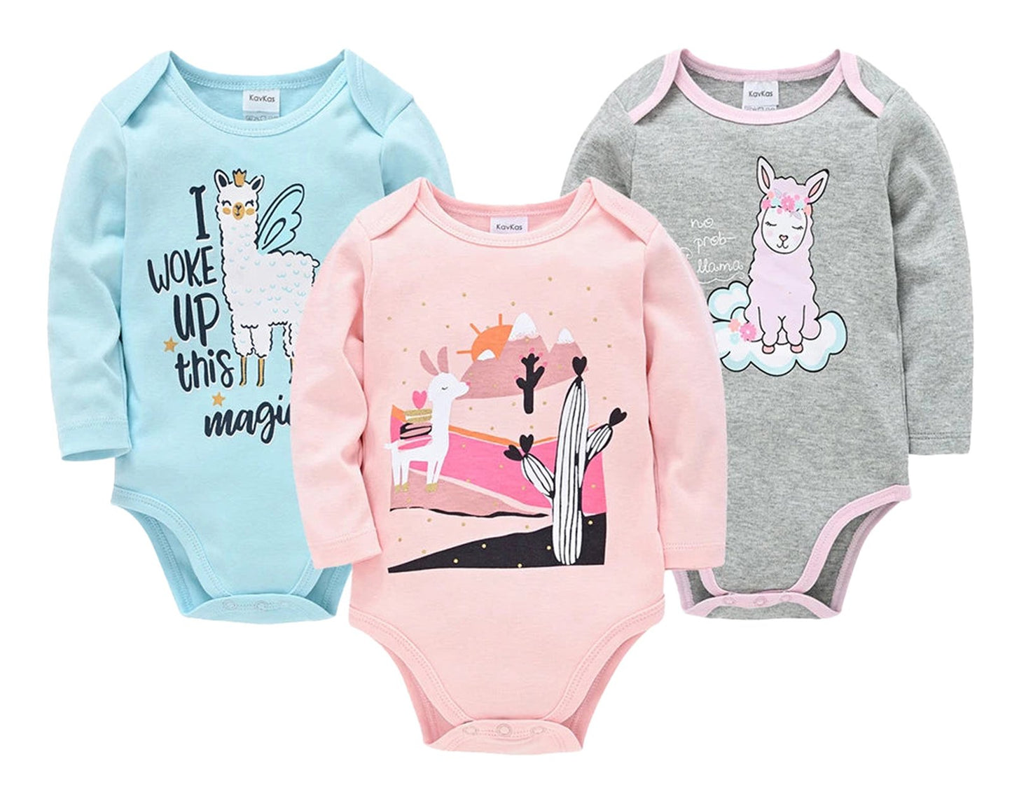 Cute baby girl cotton romper set featuring three colorful designs with llamas and desert themes