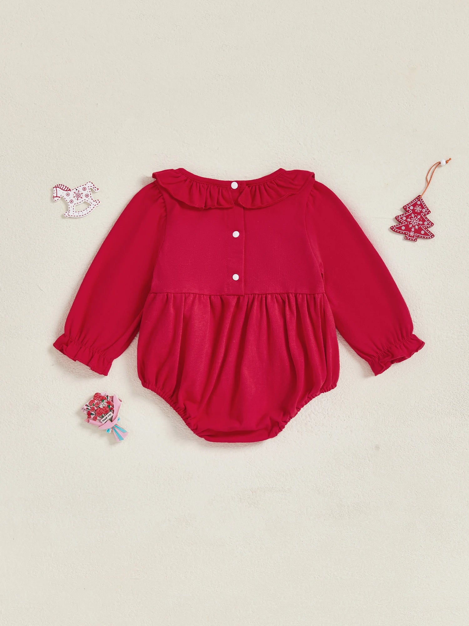 Cute red baby girl fall romper with ruffled collar and button closure for stylish autumn outfits