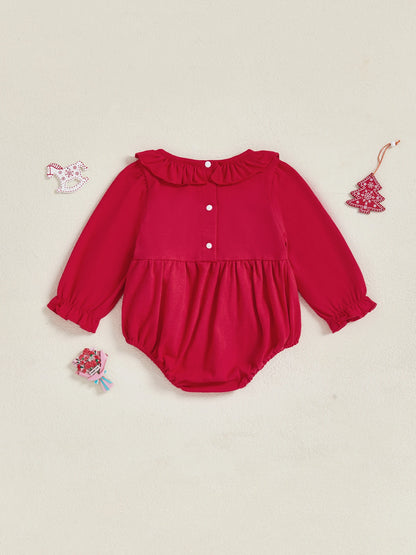 Cute red baby girl fall romper with ruffled collar and button closure for stylish autumn outfits