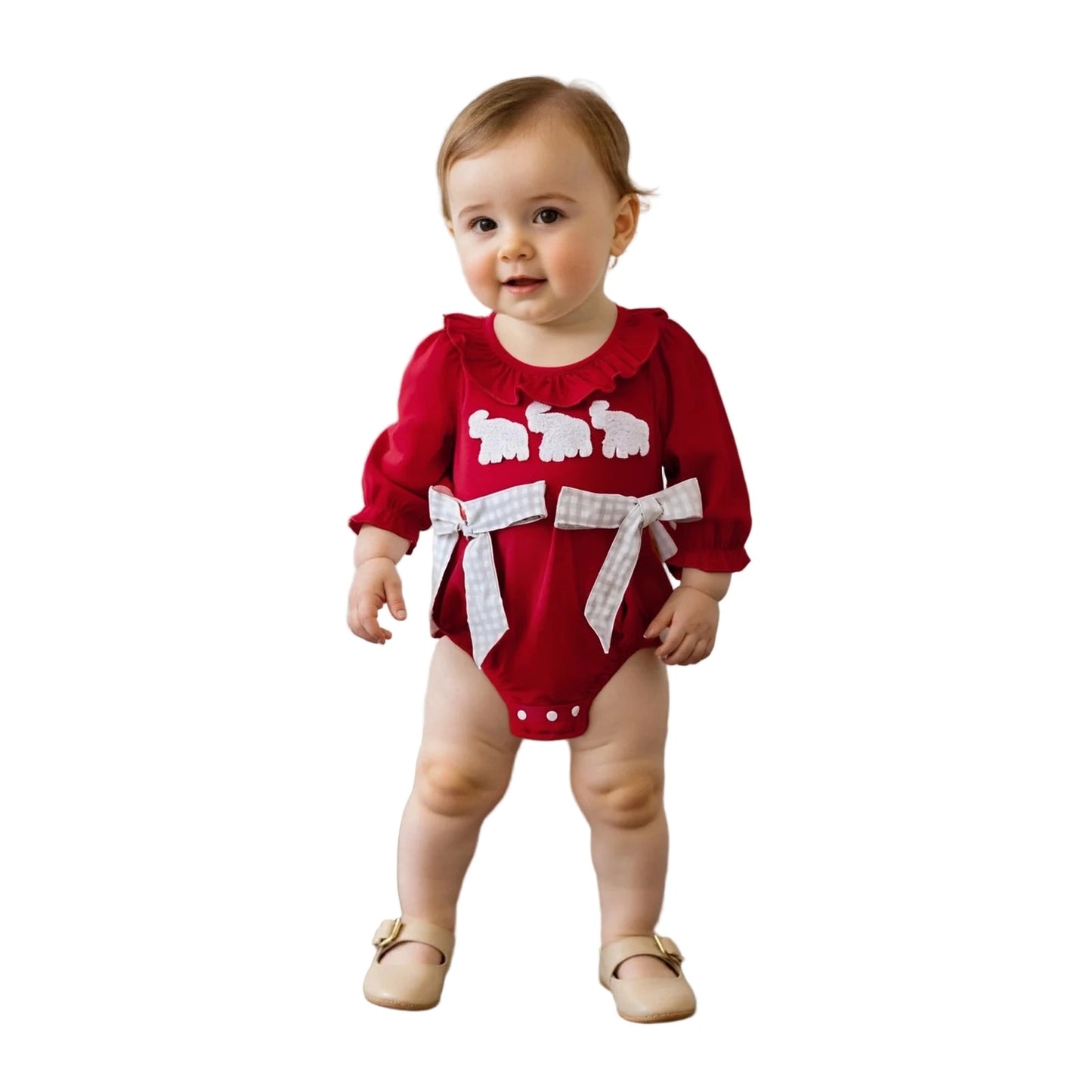 Red LuckeLadybug LLC baby girl fall romper with elephant design and gingham bow for stylish toddlers