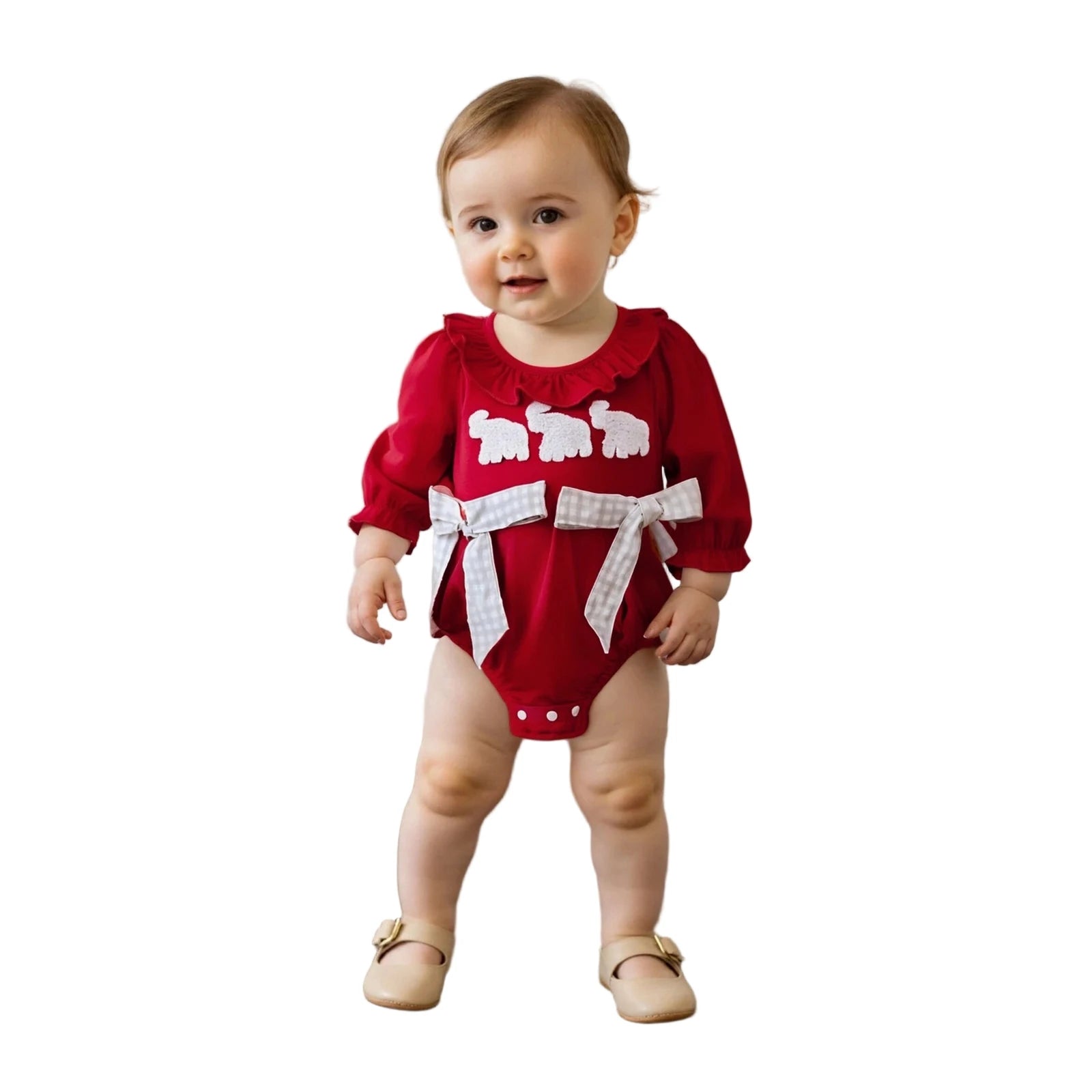 Red LuckeLadybug LLC baby girl fall romper with elephant design and gingham bow for stylish toddlers