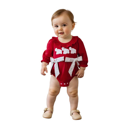 Red LuckeLadybug LLC baby girl fall romper with elephant design and gingham bow for stylish toddlers