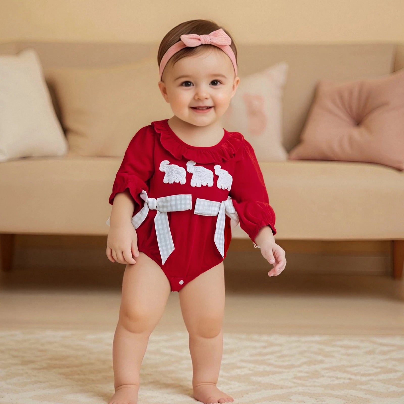 Baby girl fall romper in red with ruffled sleeves and cute animal appliques
