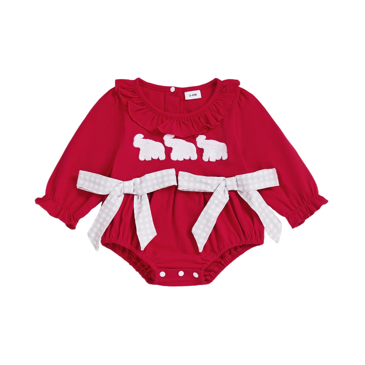 Adorable red baby girl fall romper with sheep appliqué and checkered ribbon details