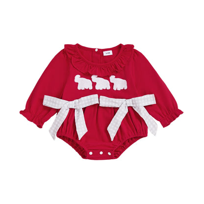 Adorable red baby girl fall romper with sheep appliqué and checkered ribbon details