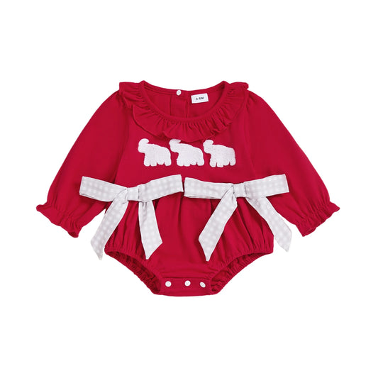 Adorable red baby girl fall romper with sheep appliqué and checkered ribbon details