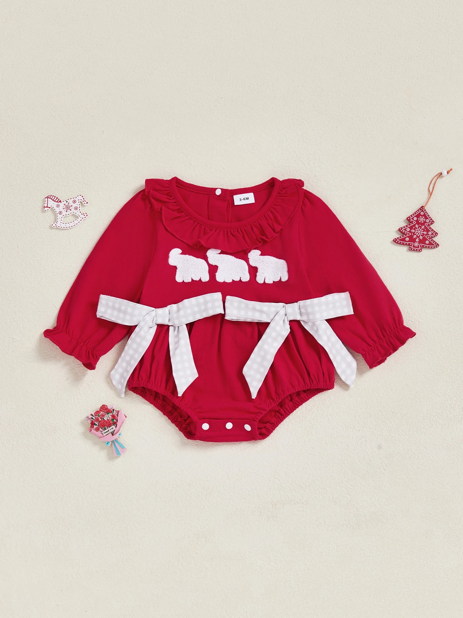 Red Baby Girl Fall Romper with Sheep Design and White Checkered Ribbons for Cute Autumn Style