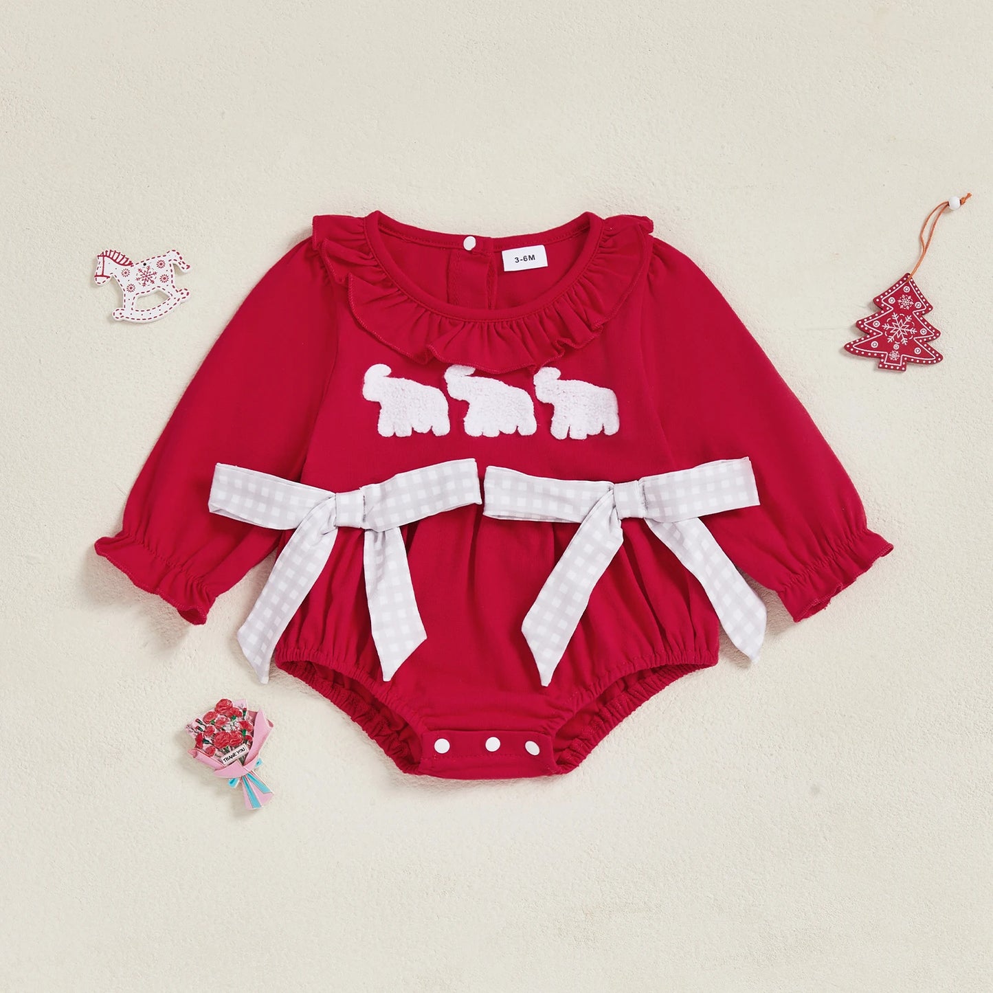 Cute red baby girl fall romper with sheep design and checkered bows for stylish autumn wear