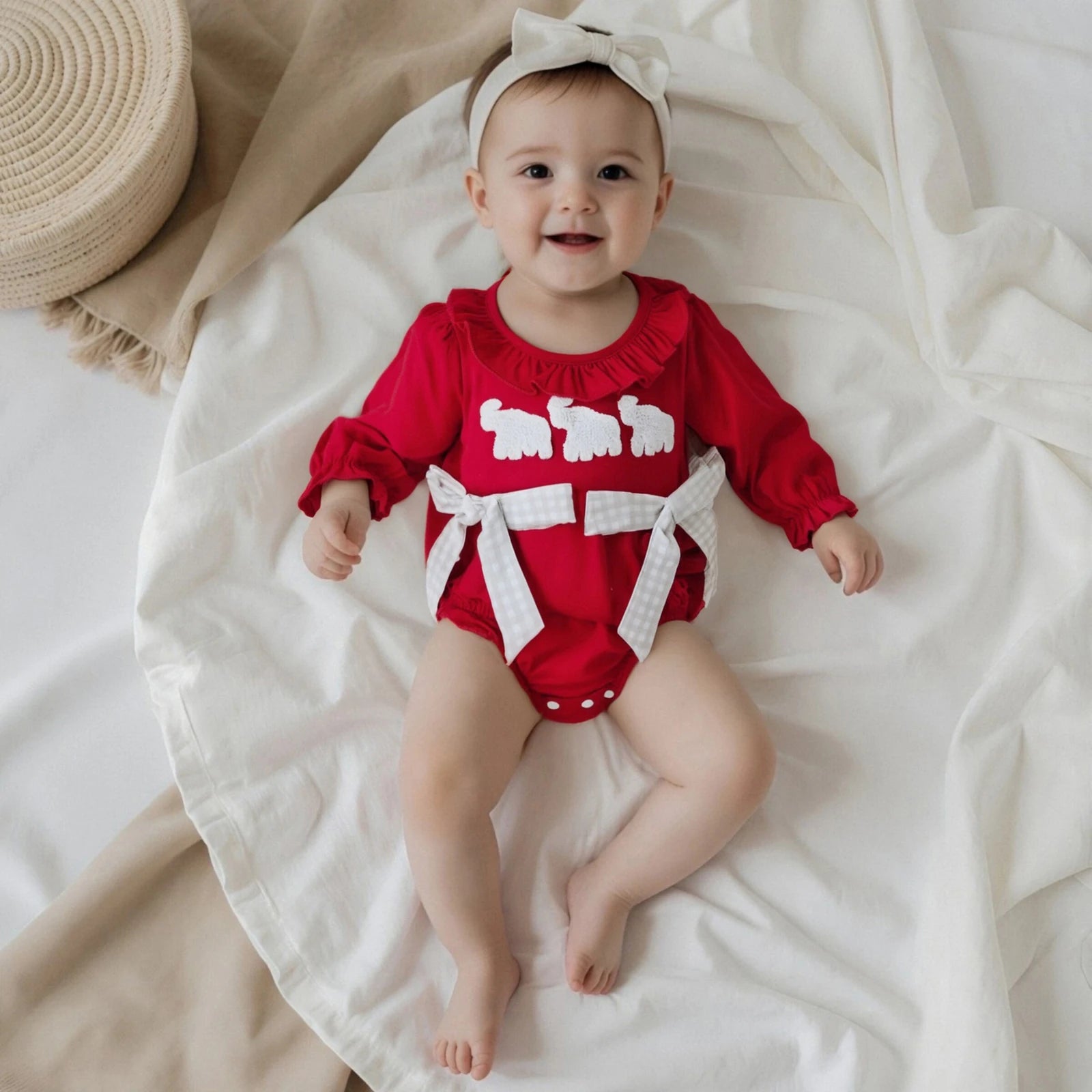 Cute baby girl fall romper in red with elephant design and ruffle details for stylish infants