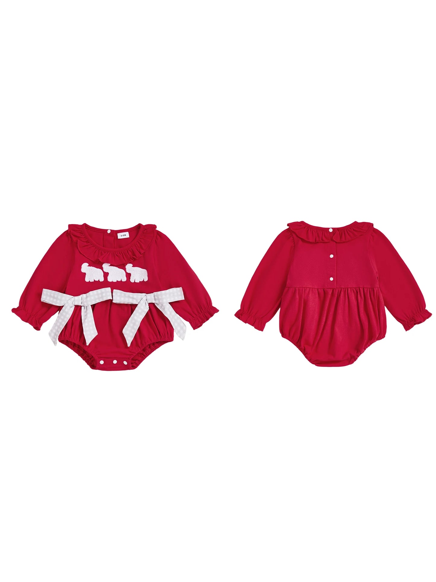 Cute baby girl fall romper in red with ruffled sleeves and a decorative waistband