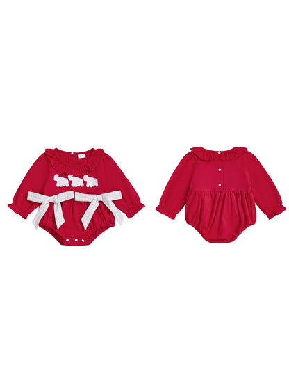 Cute baby girl fall romper in red with ruffled sleeves and a decorative waistband