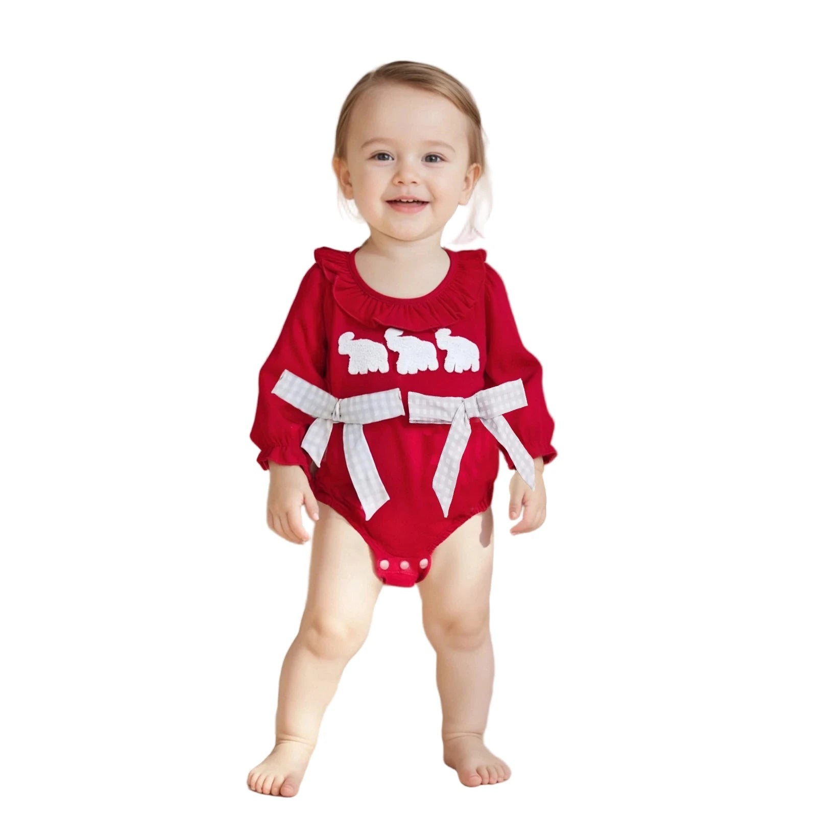 Adorable baby girl fall romper in red with cute elephant design and stylish bows on the sides