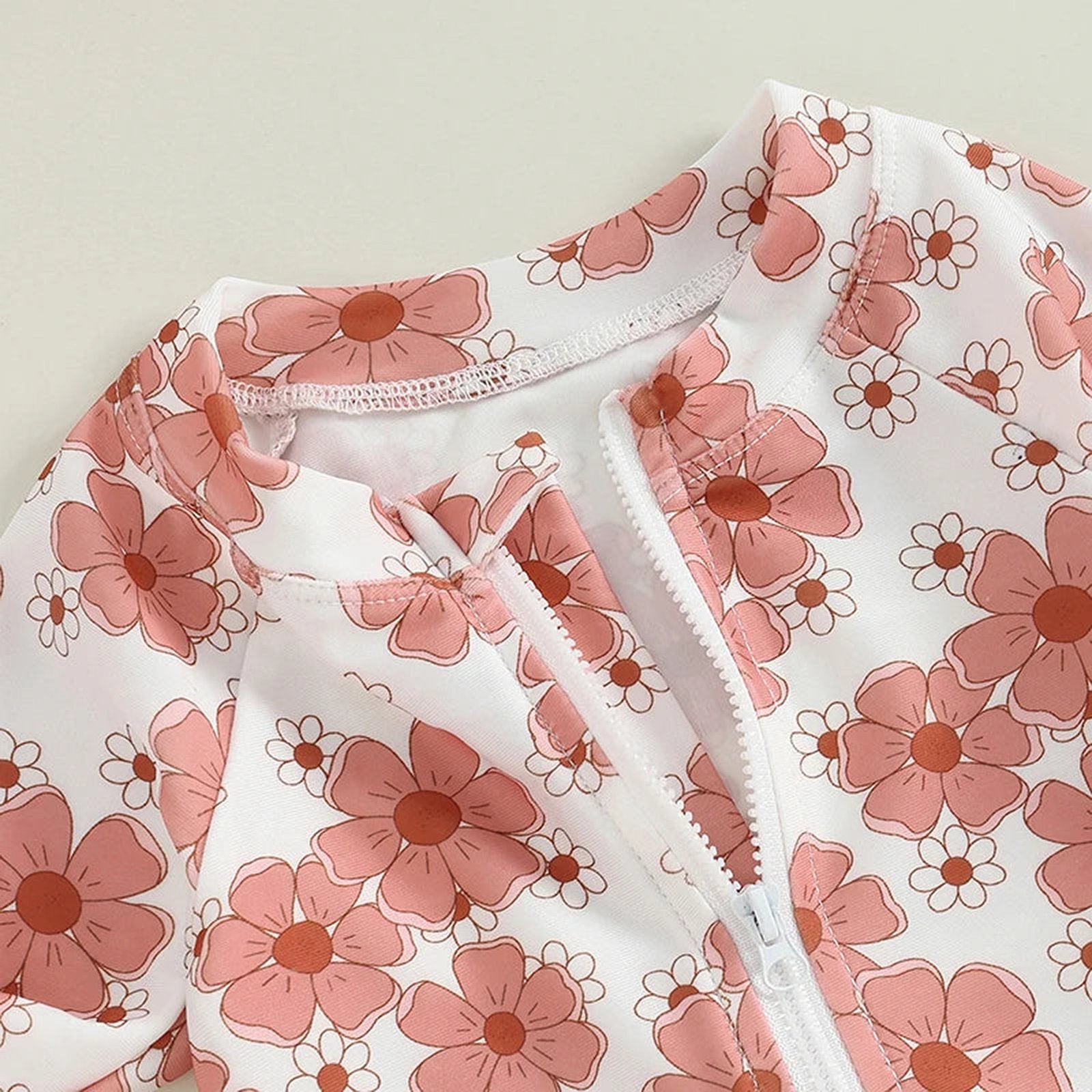 LuckeLadybug baby girl flower print swimsuit with vibrant floral design in soft colors