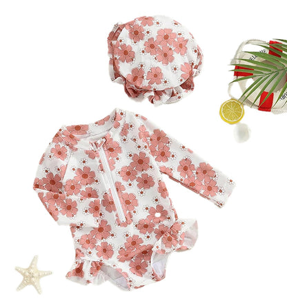 LuckeLadybug baby girl flower print swimsuit with long sleeves and matching hat for sun protection