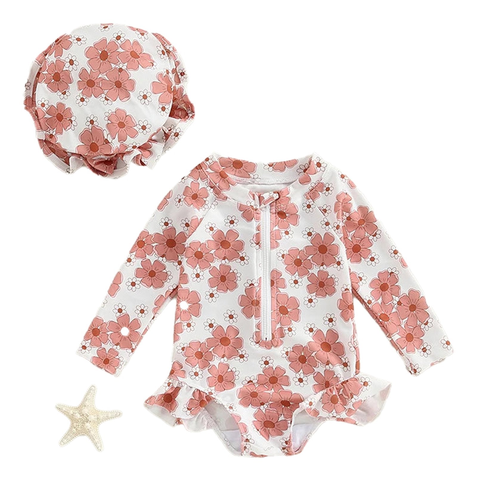 Baby girl flower print swimsuit with long sleeves and matching sun hat in pink floral design