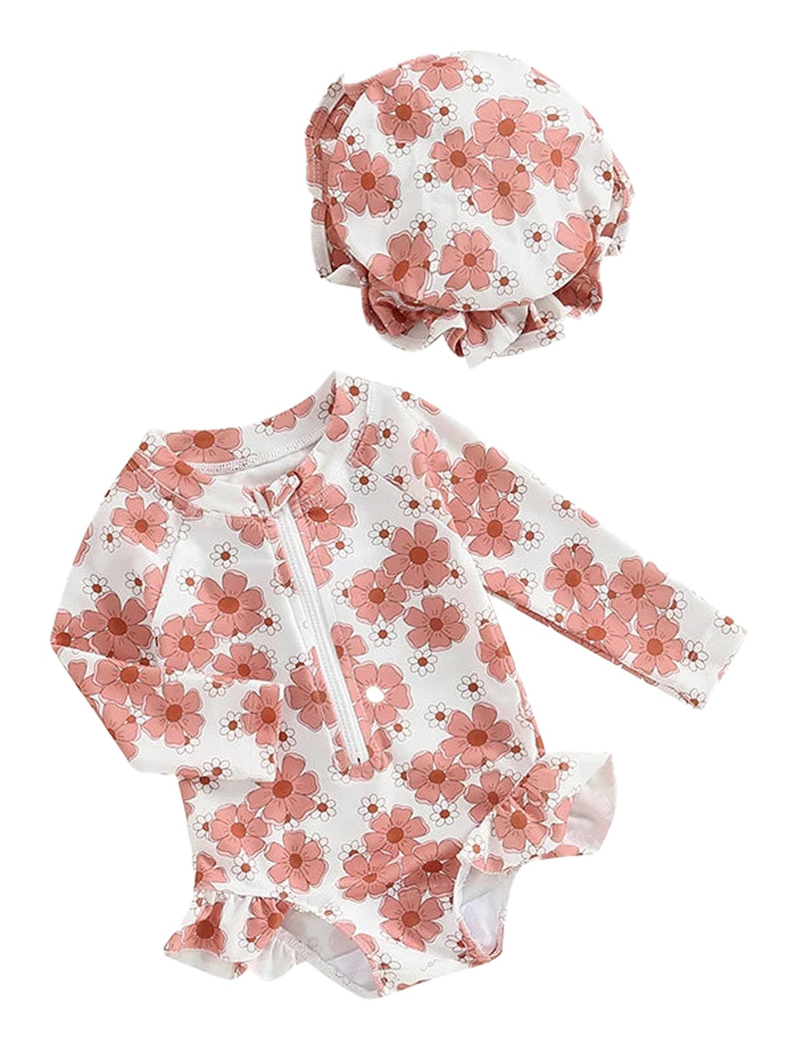 LuckeLadybug baby girl flower print swimsuit with long sleeves and matching hat for summer fun