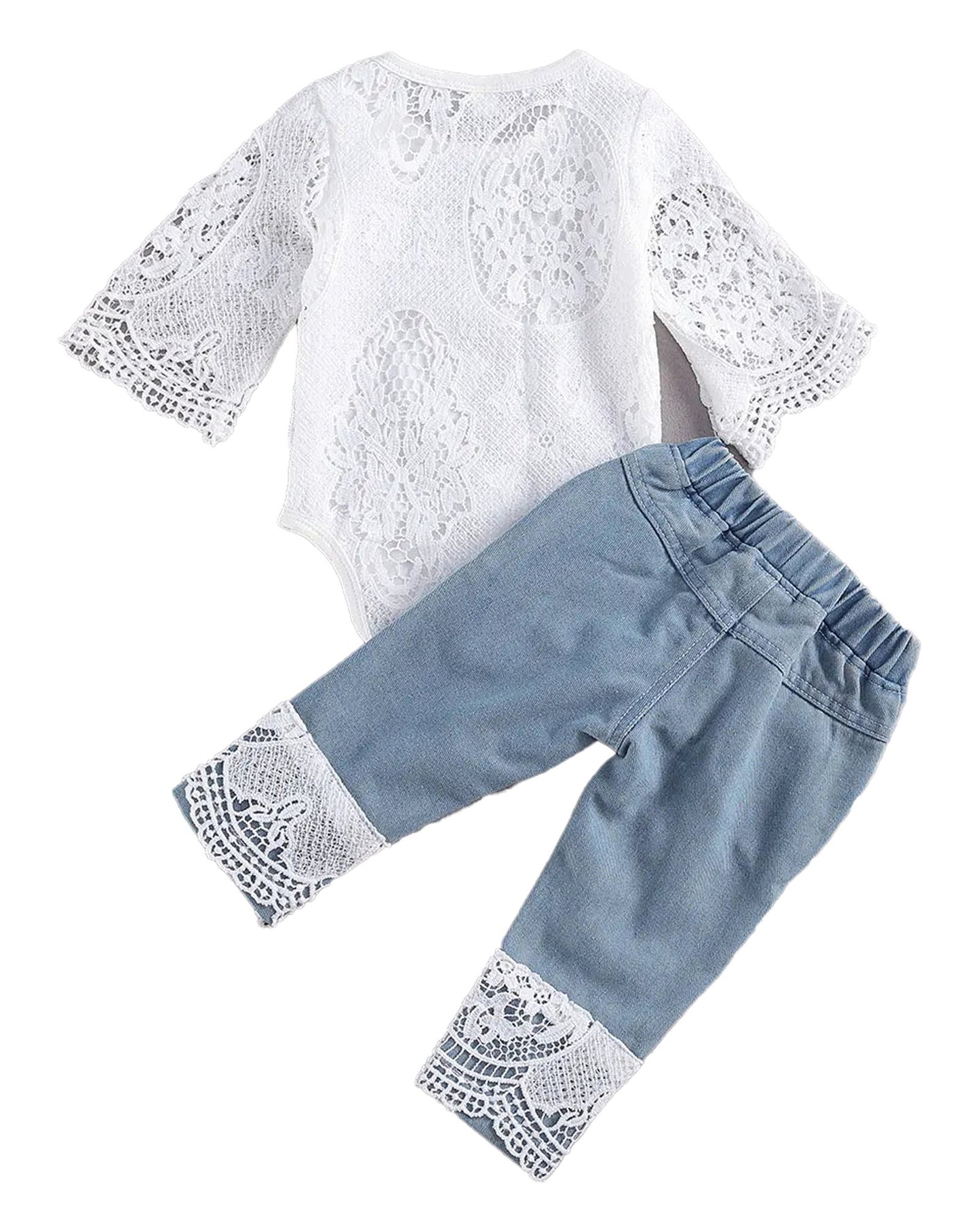 LuckeLadybug LLC baby girl lace romper and jeans set with stylish lace detailing on sleeves and hems