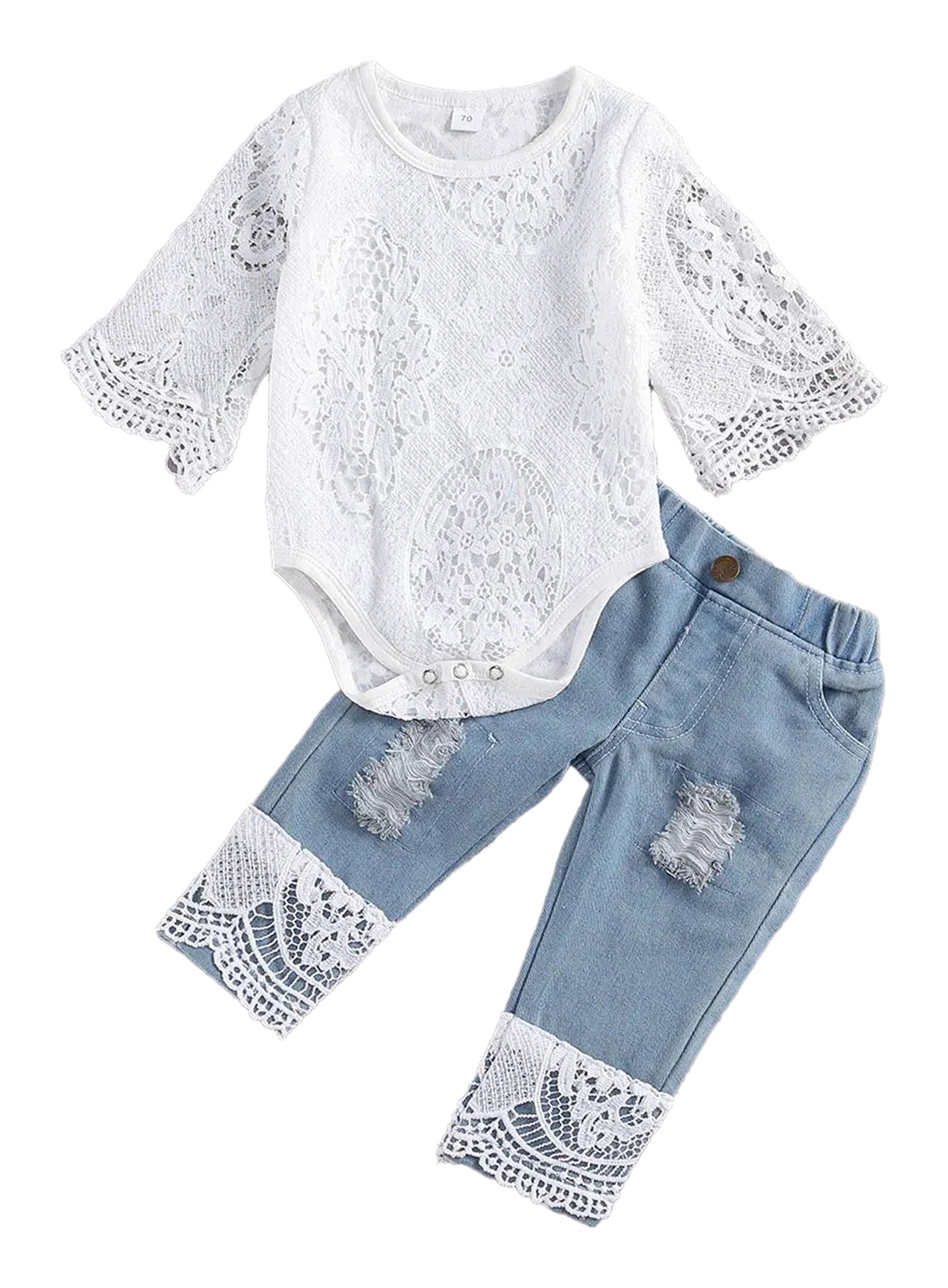 LuckeLadybug LLC baby girl lace romper and jeans set featuring a lace bodysuit and denim pants