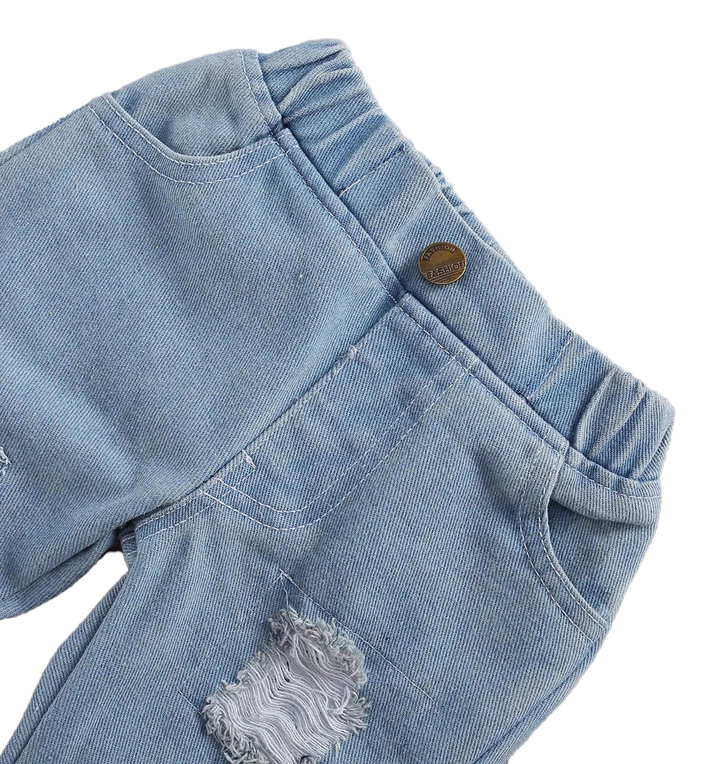 Close-up of light blue jeans with distressed details for baby girl lace romper and jeans set