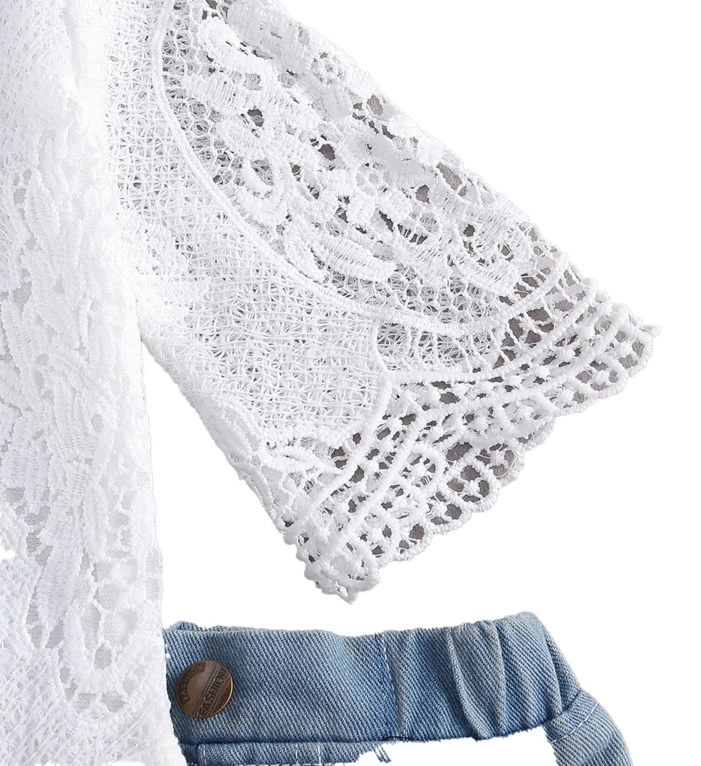 LuckeLadybug LLC Baby Girl Lace Romper and Jeans Set with Delicate Lace Sleeves and Soft Denim Shorts