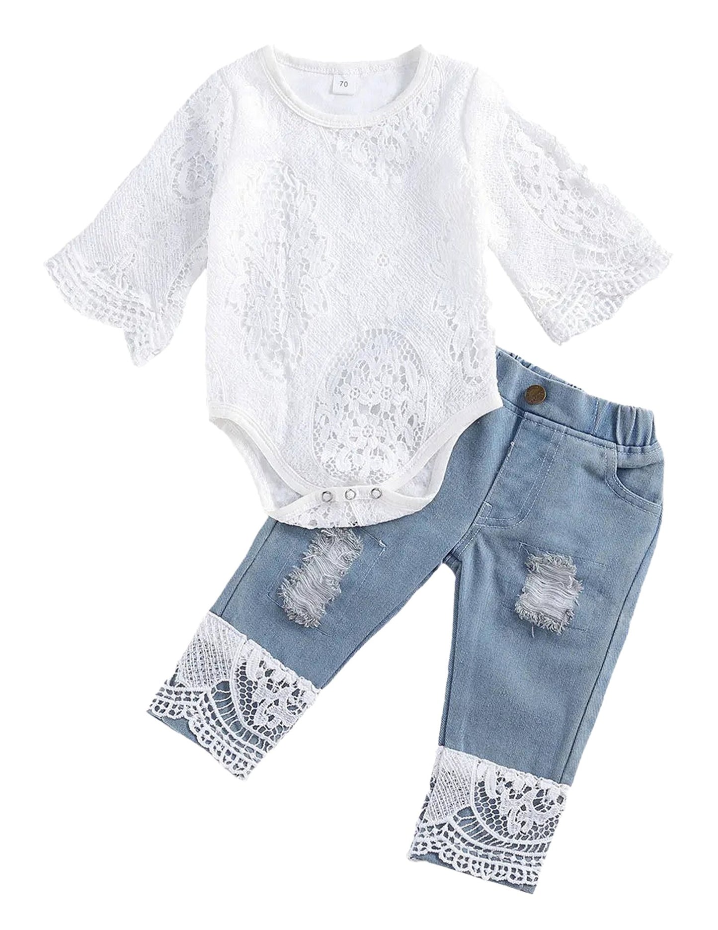 LuckeLadybug LLC baby girl lace romper and jeans set featuring a lace bodysuit and distressed denim pants
