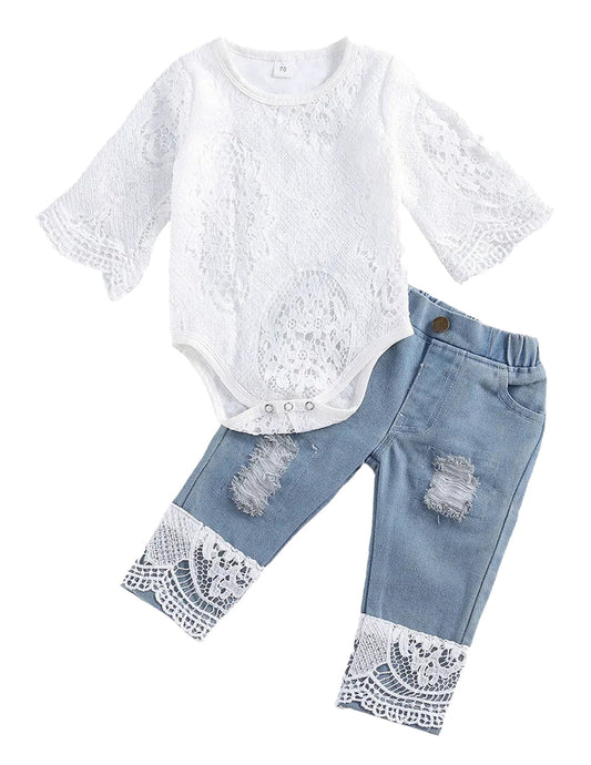 LuckeLadybug LLC baby girl lace romper and jeans set featuring a lace bodysuit and distressed denim pants
