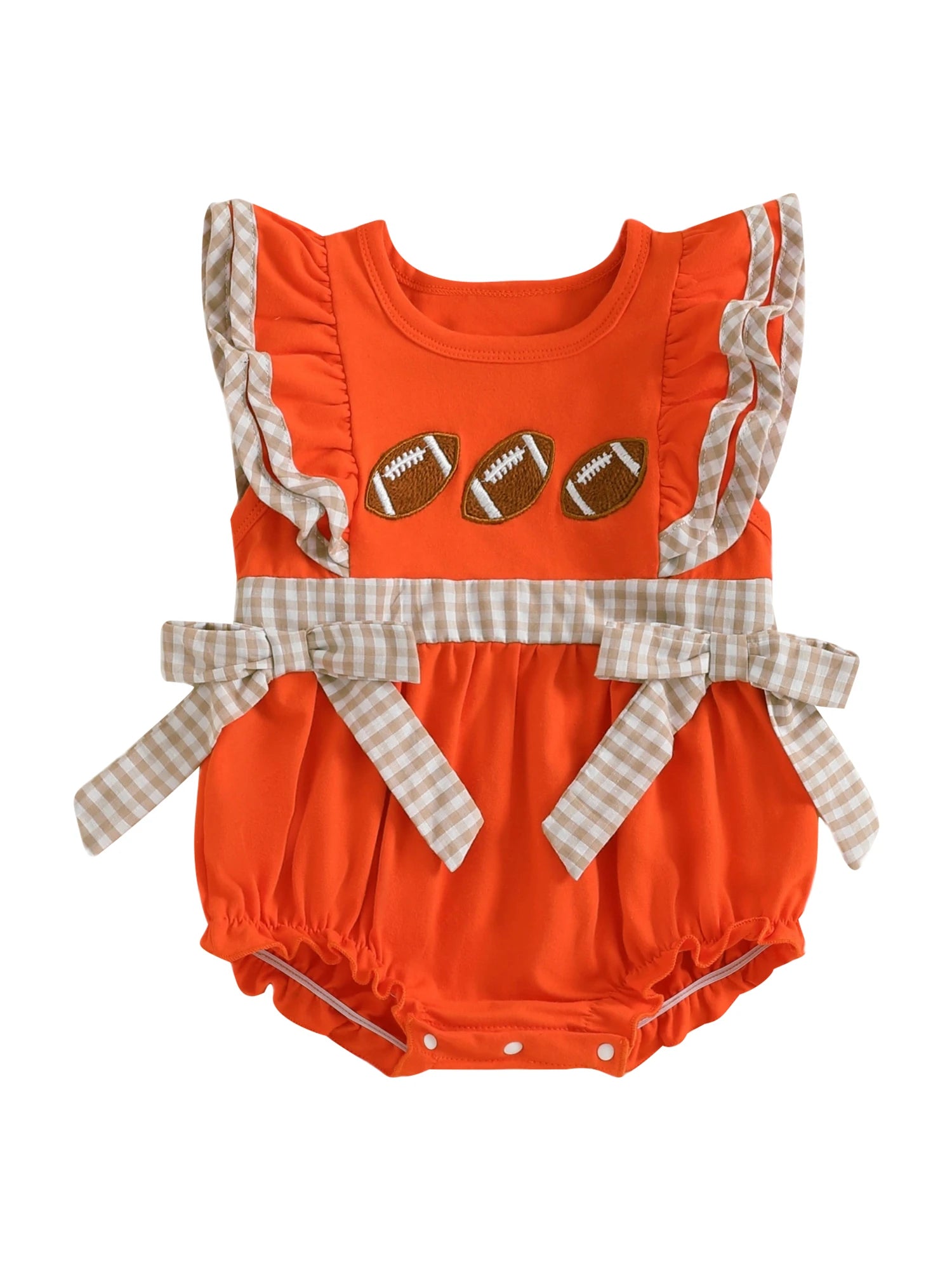 Cute baby girl rugby romper in orange with ruffled sleeves and football appliques for playful outfits