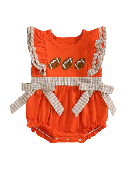 Cute baby girl rugby romper in orange with ruffled sleeves and football appliques for playful outfits