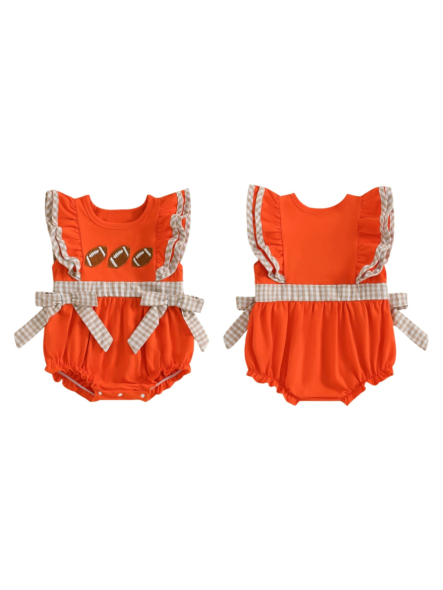 Bright orange baby girl rugby romper with ruffled sleeves and cute football accents