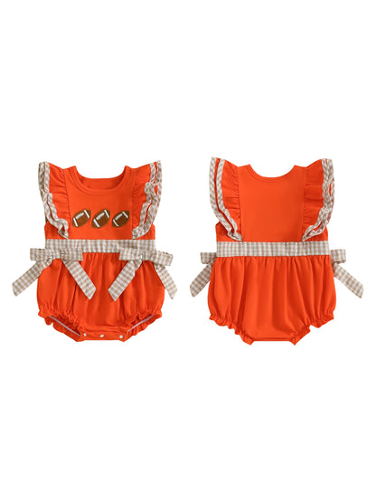 Bright orange baby girl rugby romper with ruffled sleeves and cute football accents