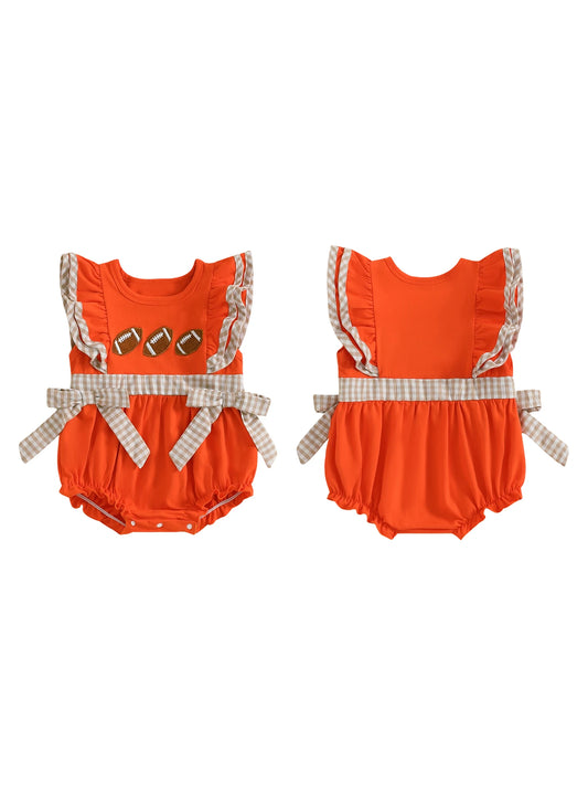 Bright orange baby girl rugby romper with ruffled sleeves and cute football accents