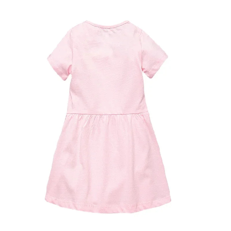 Back view of a pink baby girl summer dress cotton from LuckeLadybug LLC with short sleeves