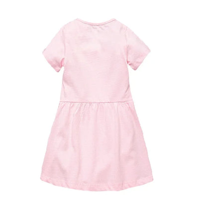 Back view of a pink baby girl summer dress cotton from LuckeLadybug LLC with short sleeves