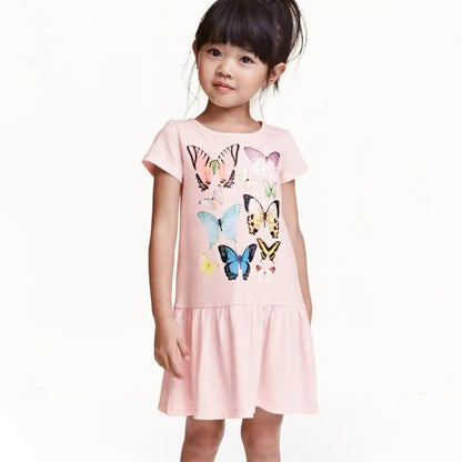 Cute baby girl summer dress cotton in pink with colorful butterfly print for warm weather fun