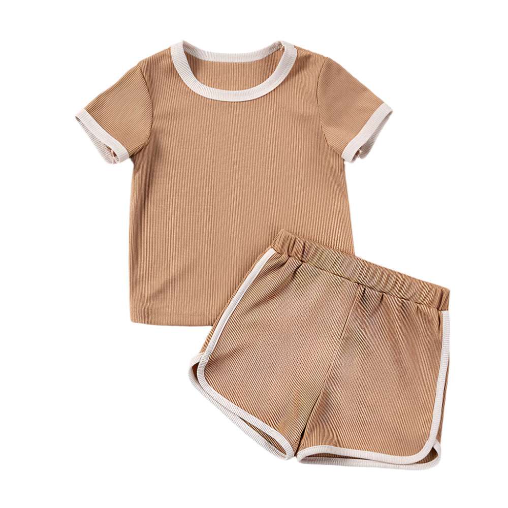 LuckeLadybug LLC baby short sleeve T-shirt and shorts set in tan with white trim for infants