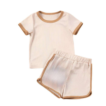 LuckeLadybug LLC baby short sleeve T-shirt and shorts set in beige with brown trim for infants