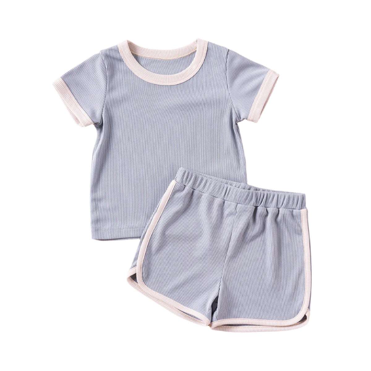 LuckeLadybug LLC baby short sleeve T-shirt and shorts set in gray with white trim for infants