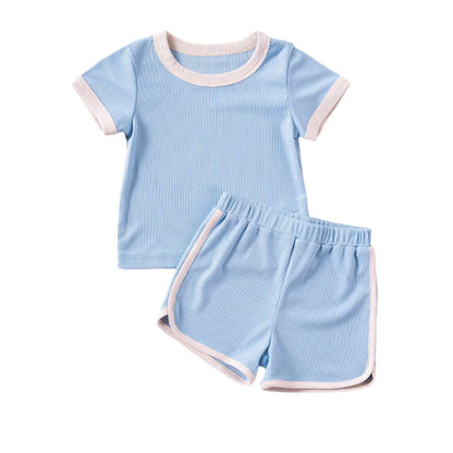 Blue baby short sleeve T-shirt and shorts set with pink trim for comfortable summer wear