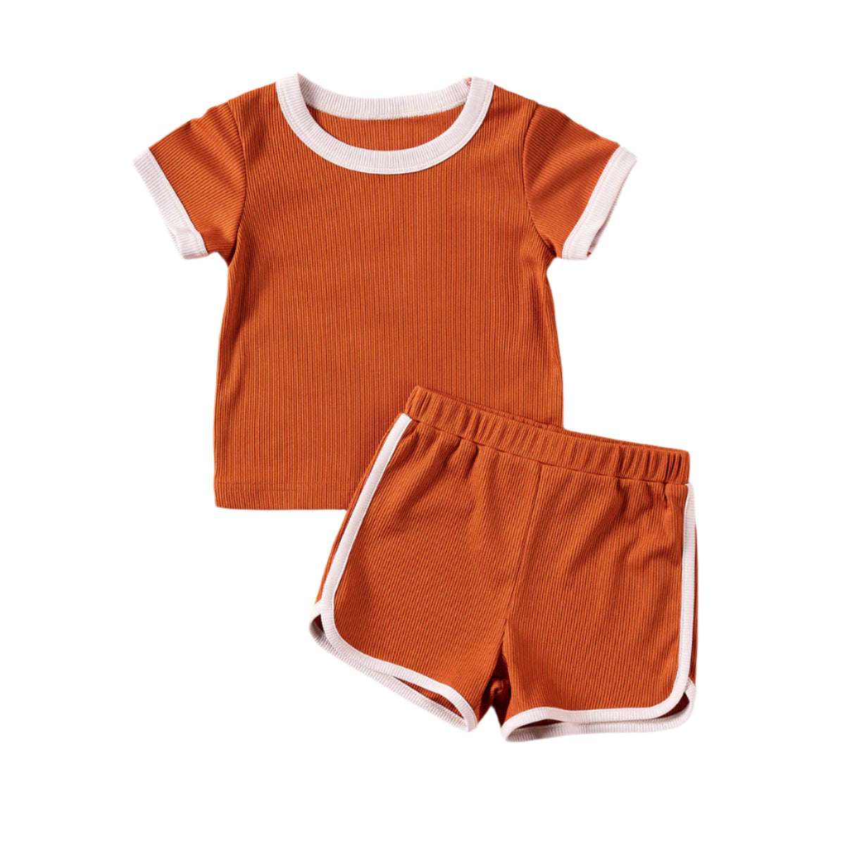 Orange baby short sleeve T-shirt and shorts set with white trim by LuckeLadybug LLC