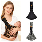 LuckeLadybug LLC baby sling in leopard and zebra designs for comfortable baby carrying