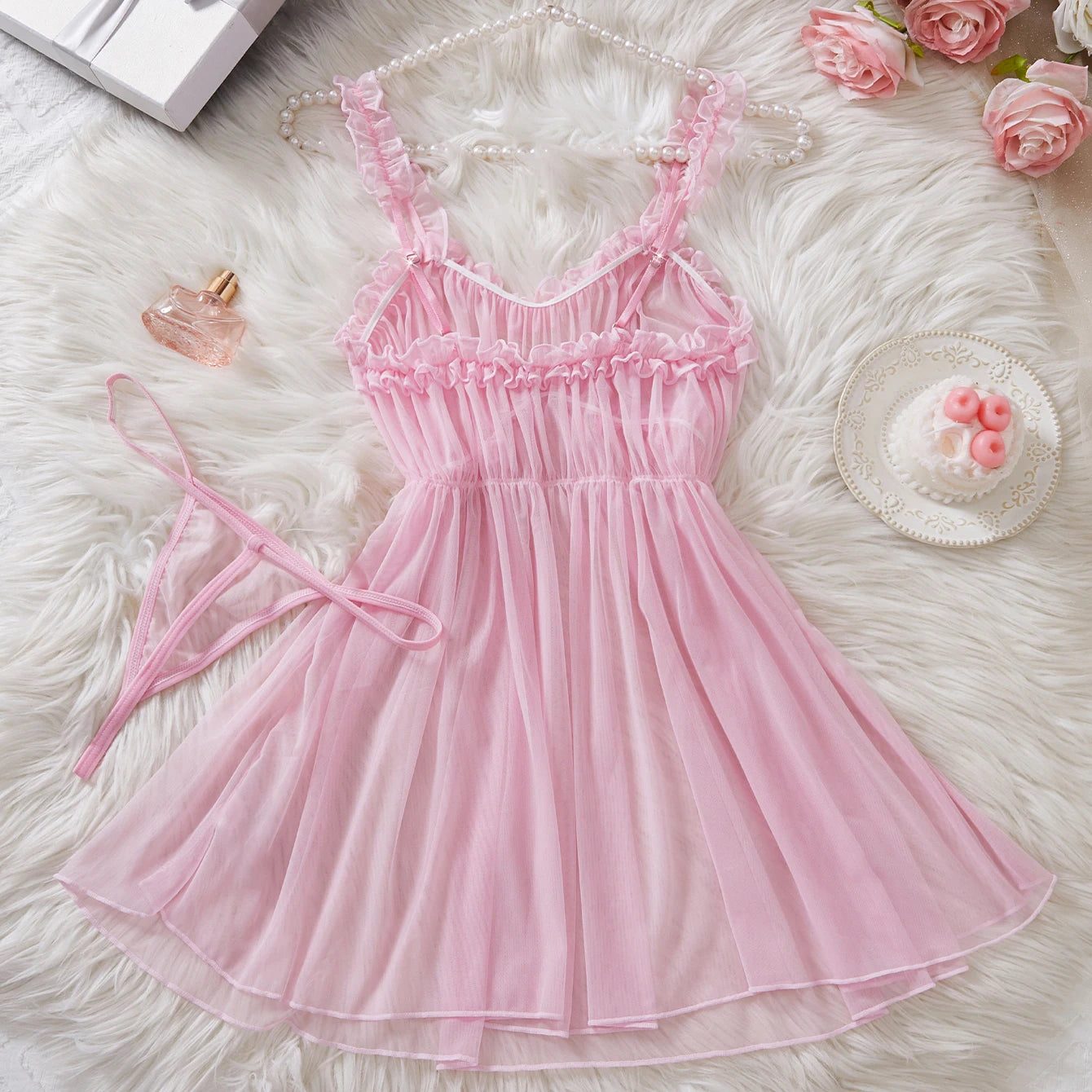LuckeLadybug LLC Pink Babydoll Dress with Ruffled Straps and Sheer Fabric for a Feminine Look