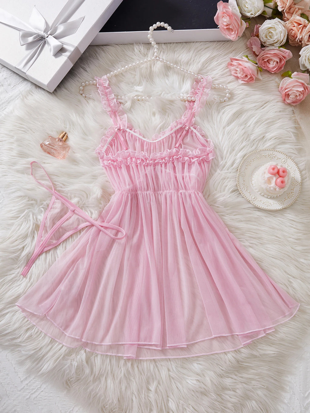 LuckeLadybug LLC Pink Babydoll Dress with Sheer Fabric and Adjustable Straps for a Flattering Fit