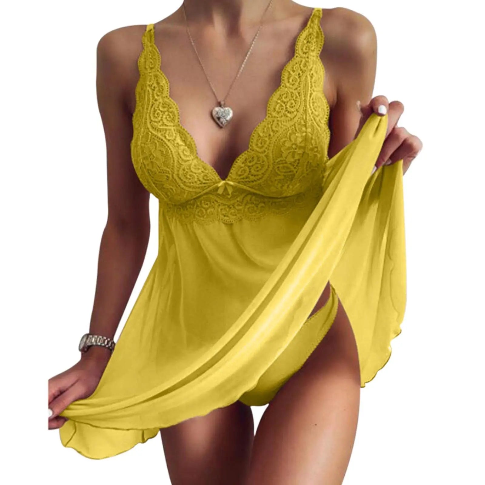 Yellow babydoll lingerie with lace detailing and flowing design for a romantic look