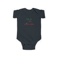 LuckeLadybug black baby one-piece with green and red text and ladybug graphic ladybug baby bodysuit