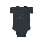 LuckeLadybug black baby one-piece with green and red text and ladybug graphic ladybug baby bodysuit
