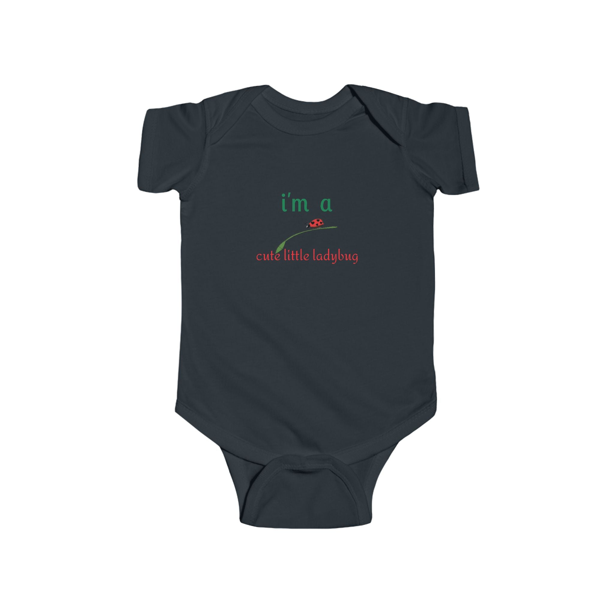 LuckeLadybug black baby one-piece with green and red text and ladybug graphic ladybug baby bodysuit